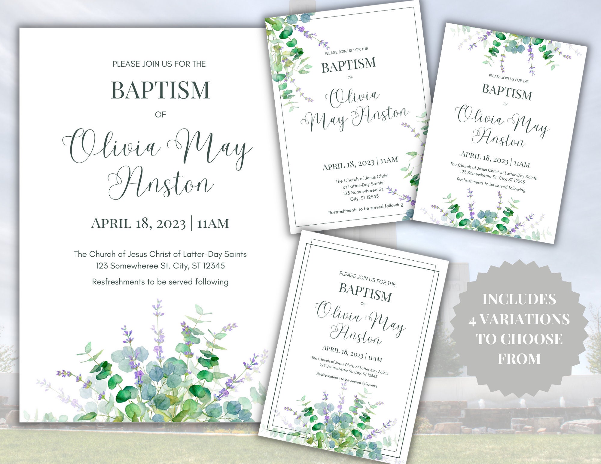 Floral LDS Baptism Invitation Template Editable Canva Print 5x7 5 