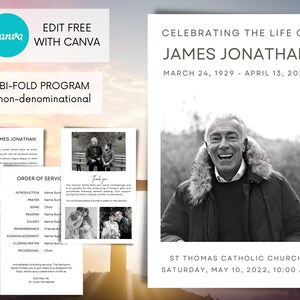 Könnte beinhalten: Ein schwarz-weißes Trauerprogramm für James Jonathan. Das Programm enthält die Reihenfolge des Gottesdienstes, ein Foto des Verstorbenen und den Text "Celebrating the Life of James Jonathan, March 24, 1929 - April 13, 2022".