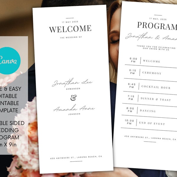 Wedding Program Template | Ceremony Program | Simple Modern Wedding Ceremony Itinerary Template for Canva | Editable & Printable