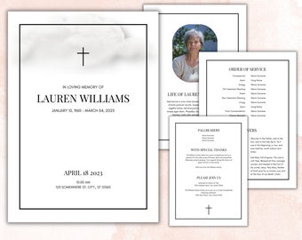 Catholic Funeral Program Template | Black and White | Cloud Design | Instant Download | Easy Edit in Canva