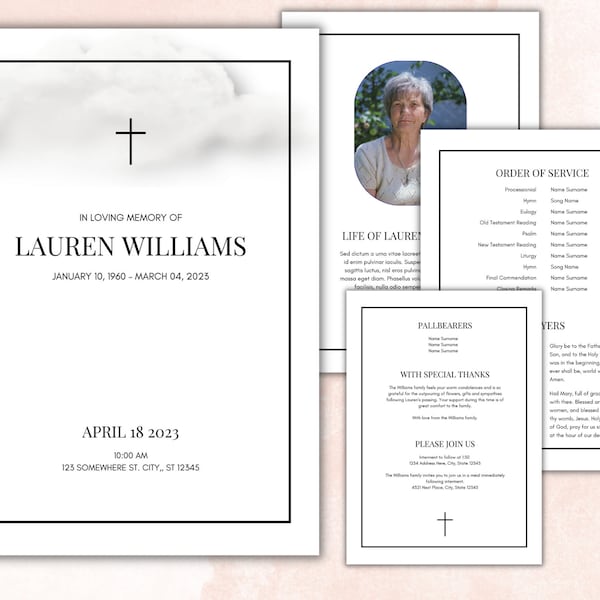 Catholic Funeral Program Template | Black and White | Cloud Design | Instant Download | Easy Edit in Canva