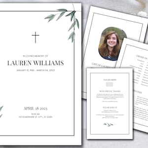 May include: A black and white funeral program with a cross, floral design, and a photo of the deceased. The program includes the name Lauren Williams, dates of birth and death, and details of the funeral service.