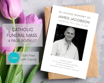 CATHOLIC Mass Funeral Template | 4 Page Booklet Program | 5.5x8.5 booklet | Instant Download | Edit in Canva