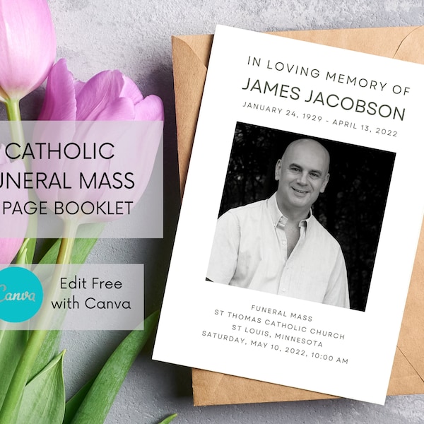 CATHOLIC Mass Funeral Template | 4 Page Booklet Program | 5.5x8.5 booklet | Instant Download | Edit in Canva