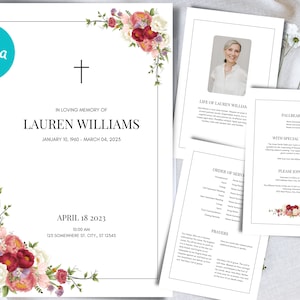 Puede incluir: Un programa de funeral con un diseño floral con flores rosas, rojas y blancas. El programa incluye el nombre "Lauren Williams", las fechas "10 de enero de 1960 - 4 de marzo de 2025" y la fecha del servicio "18 de abril de 2023".