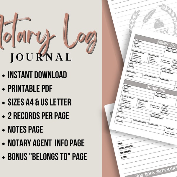 Printable Notary Log Journal for Notary Public , Notary Record  Book Instant Download PDF in size A4  and US Letter for Signing Agents
