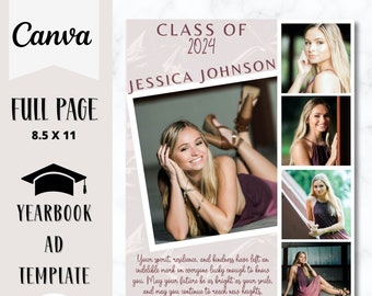 May include: A pink and white digital download template for a yearbook ad. The template features a collage of photos of a young woman, the text "Class of 2024 Jessica Johnson", and a message about her spirit, resilience, and kindness.