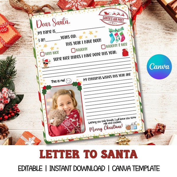 Letter to Santa Christmas Wishlist Printable, Dear Santa Letter Editable template, Kids Christmas list, Santa Claus Christmas Wish List