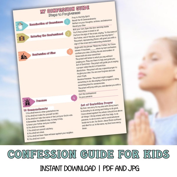 Catholic Printable Confession Guide, Printable Confession Card, First Confession Prayer Card, Reconciliation, Act of Contrition, Godchild