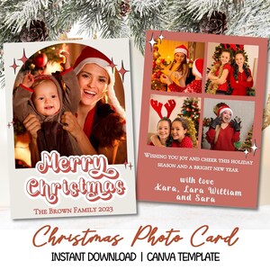 Weihnachtsfotokarte bearbeitbare Vorlage, Boho-Weihnachtskarte, personalisierte Foto-Urlaubskarte, Familienfotokarte-Postkartenvorlage zum Ausdrucken