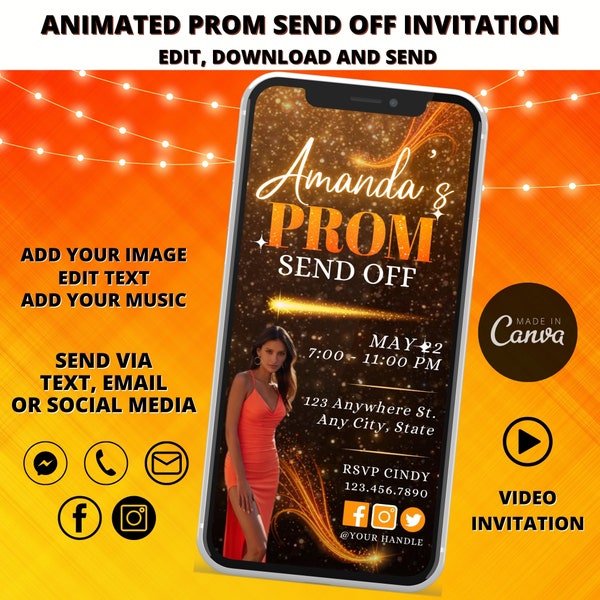 Animated Orange prom send off video invitation, digital prom party invitation, text invitation prom send off party, grad party, prom evite