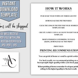 May include: A printable template for creating a Canva design. The text on the image reads "Instant Download Template" and "No items will be shipped". The image also includes instructions on how to use the template, including purchasing it through Etsy, downloading the PDF, and creating a free Canva account.