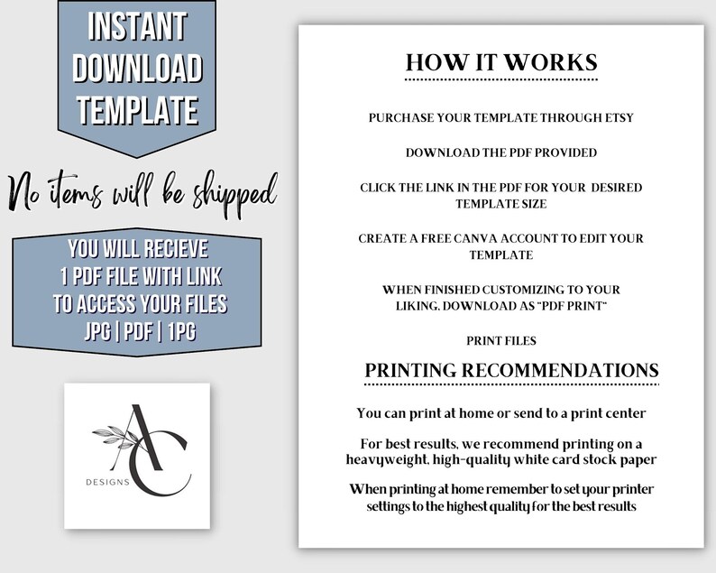 May include: A printable template for creating a Canva design. The text on the image reads "Instant Download Template" and "No items will be shipped". The image also includes instructions on how to use the template, including purchasing it through Etsy, downloading the PDF, and creating a free Canva account.