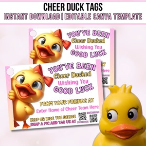 Könnte beinhalten: Ein druckbarer Cheer-Enten-Anhänger mit einem Comic-Enten-Motiv und dem Text "You've Been Cheer Ducked Wishing You Good Luck" auf rosa Hintergrund. Der Anhänger enthält auch den Text "From Your Friends At" und einen Platz, um den Namen des Cheer-Teams einzutragen. Der Anhänger enthält einen QR-Code für Instagram und Facebook.