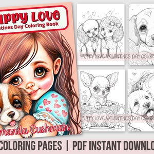 Cute Dogs Printable Coloring Book, Grayscale Coloring  Book PDF,  Puppies Valentines Coloring Pages, Canine Dog Breeds Coloring Book
