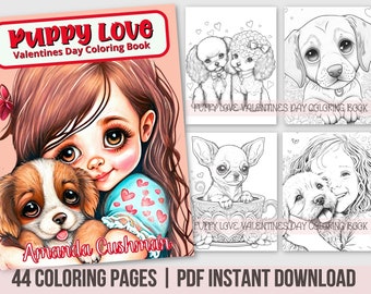 Puppy Coloring Book, Grayscale Dogs, Valentines Day (PDF Downloadable Pages)