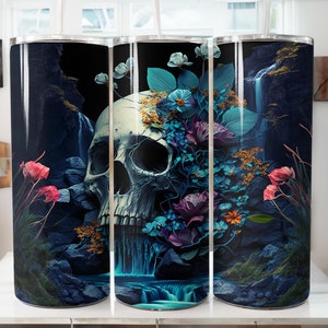 Skulls Wildflowers Water Falls  20 oz Skinny Tumbler Sublimation Design, Instant Digital Download PNG, Straight & Tapered PNG