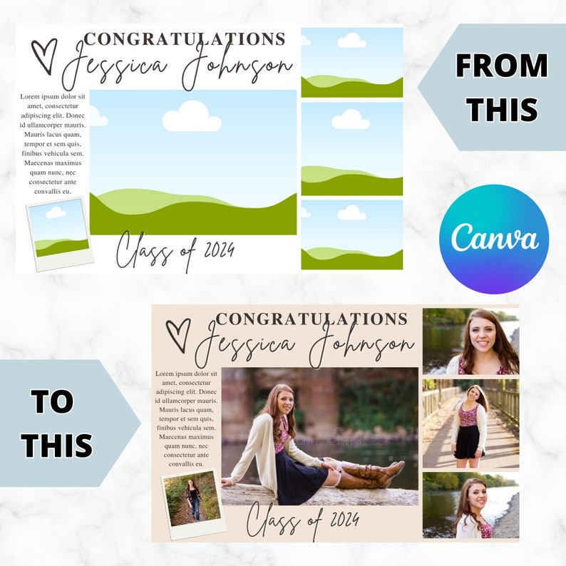 May include: A graduation announcement card with a green and blue landscape background. The card features the text "Congratulations Jessica Johnson Class of 2024" and a photo collage of a graduate in different settings.