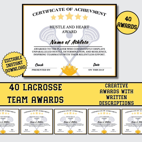 Certificados de premios de Lacrosse personalizados: MVP, equipo, fin de temporada, archivos PDF editables e imprimibles para premios de participación deportiva.