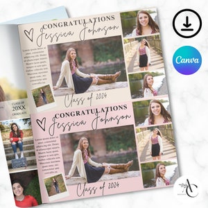 May include: A pink and beige graduation announcement with a collage of photos of a young woman. The announcement says "Congratulations Jessica Johnson" and "Class of 2024".