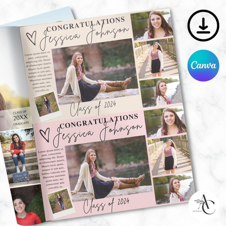 May include: A pink and beige graduation announcement with a collage of photos of a young woman. The announcement says "Congratulations Jessica Johnson" and "Class of 2024".