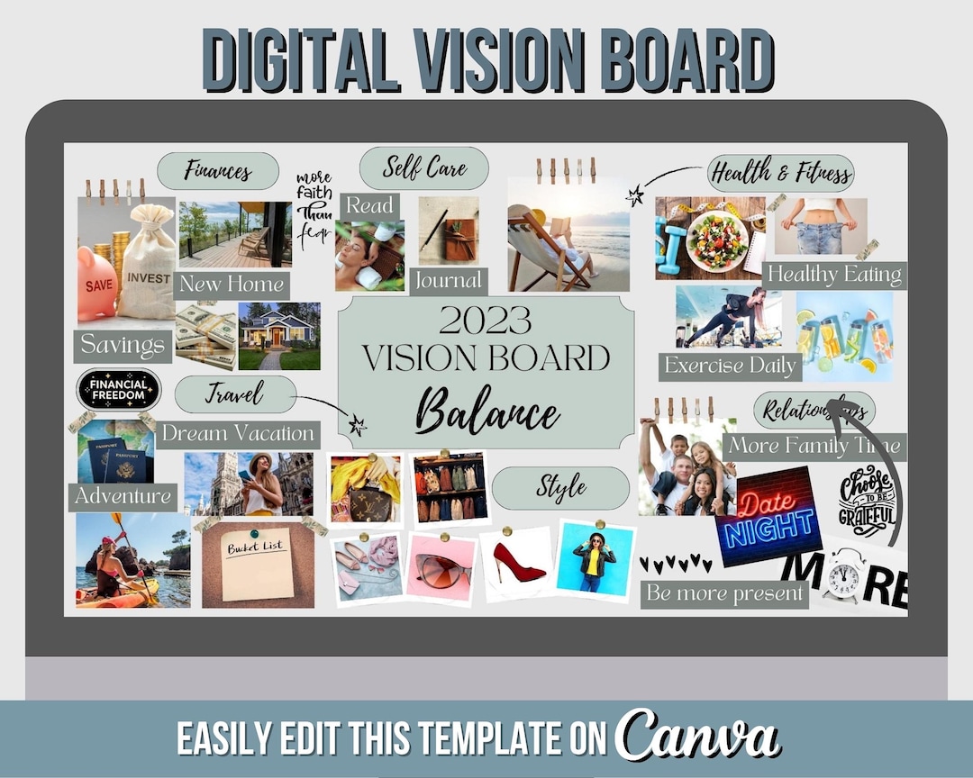 Digital Vision Board Template Canva, Vision Board Goal Setting, 2023 ...
