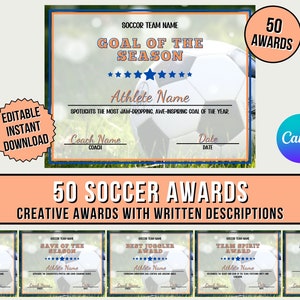 Soccer Awards Template, Editable Soccer Award certificate, Printable Awards certificate, Soccer End of season gift, Team awards ceremony