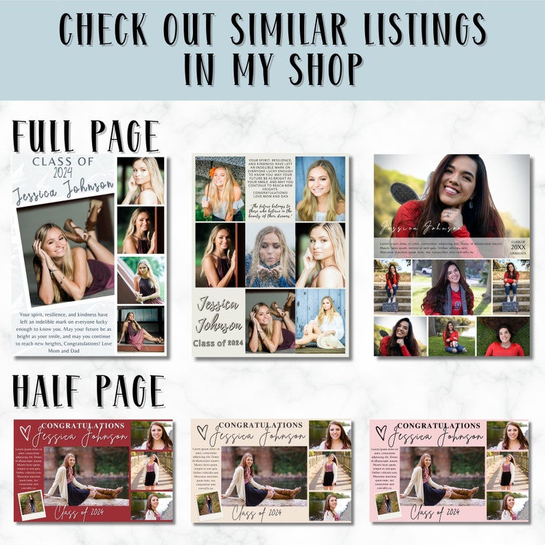 May include: A collage of graduation photos featuring a young woman in various poses. The photos are arranged in a grid pattern and include text that says "Class of 2024" and "Congratulations Jessica Johnson".