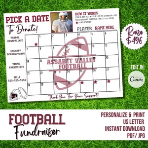 Pick a date calendar fundraiser, Football Fundraiser calendar,  Pay for your day Football printable, Sports Fundraiser template,  Football