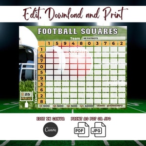 Football Squares Printable Template, Superbowl Squares Printable, Fundraiser Template, Squares ...