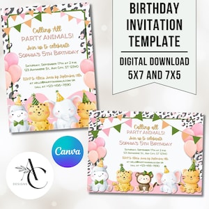 Party Animals Invitation:  Jungle Birthday, Leopard Print Editable Printable Invite for Kids, Wild One Safari Jungle Zoo kids Birthday party