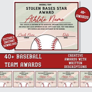 Peut inclure: Un certificat de récompense de baseball imprimable avec un graphique de baseball rouge et blanc. Le texte sur le certificat indique "Stolen Bases Star Award" et "Athlete Name". Le certificat est conçu pour une équipe de baseball et comprend un espace pour le nom de l'entraîneur et la date.