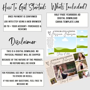 May include: A digital download for a yearbook ad template. The template features a green and blue landscape with clouds and a photo collage area. The text "Congratulations Jessica Johnson Class of 2024" is included in the design.