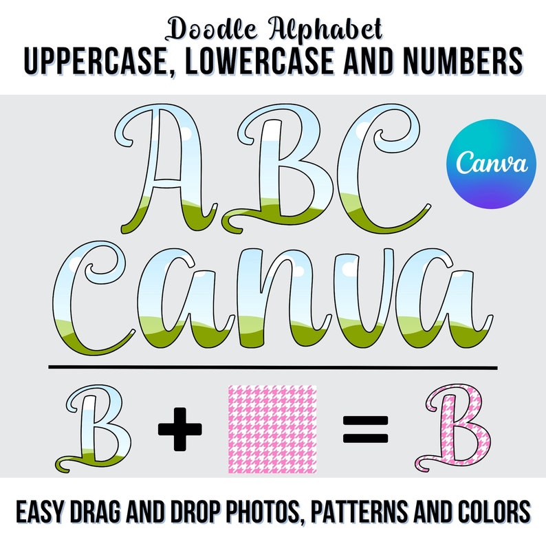 May include: Doodle alphabet letters A, B, and C with a sky and grass background. The word Canva is written in the same style. The letters B and a pink and white houndstooth pattern are shown with a plus and equals sign. The text "EASY DRAG AND DROP PHOTOS, PATTERNS AND COLORS" is at the bottom of the image.