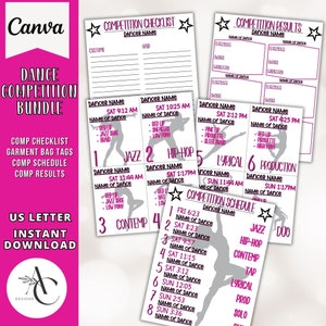 May include: Printable dance competition checklist, schedule, and results forms. The forms are pink and gray with a silhouette of a dancer. The text includes "Dance Competition Bundle", "Comp Checklist", "Garment Bag Tags", "Comp Schedule", "Comp Results", "Competition Checklist", "Dancer Name", "Costume", "Hair", "Competition Results", "Dancer Name", "Name of Dance", "Placement", "Name of Dance", "Placement", "Name of Dance", "Name of Dance", "Dancer Name", "Sat 9:12 AM", "Name of Dance", "Red Up", "Jazz Shoe", "Braid", "Dancer Name", "Sat 10:25 AM", "Name of Dance", "Red Up", "Sneakers", "Low Pony", "Dancer Name", "Sat 2:12 PM", "Name of Dance", "Pink Up", "Pirouette", "Sleek Braid", "Dancer Name", "Sat 4:25 PM", "Name of Dance", "Red Up", "Pirouette", "High Pony", "1 Jazz", "2 Hip-Hop", "5 Lyrical", "6 Production", "Dancer Name", "Sat 11:44 AM", "Name of Dance", "Red Up", "Jazz Shoe", "Low Pony", "Dancer Name", "Sat 1:17 PM", "Name of Dance", "Red Up", "Hat", "Low Pony", "Dancer Name", "Sun 11:44 AM", "Name of Dance", "Dancer Name", "Sun 1:17 PM", "Name of Dance", "3 Contemp", "4", "Competition Schedule", "Dancer Name", "1 Fri 6:23", "Name of Dance", "2 Sat 8:23", "Name of Dance", "3 Sat 9:57", "Name of Dance", "4 Sat 11:15", "Name of Dance", "5 Sat 3:12", "Name of Dance", "6 Sun 12:05", "Name of Dance", "7 Sun 2:53", "Name of Dance", "8 Sun 3:36", "Name of Dance", "Jazz", "Duo", "Hip-Hop", "Contemp", "Tap", "Lyrical", "Prod", "Solo".
