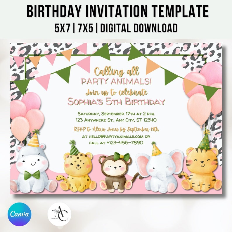 Jungle Animals Birthday Invitation: Safari Party, Leopard Print ...