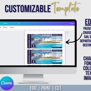 May include: A computer screen displaying a Canva design template for a cruise ship boarding pass. The template features a blue and purple color scheme with a picture of a cruise ship and the text "Surprised!" The text "You're going on a cruise" is also included. The template is customizable with options to edit the passenger name, cruise ship, sail date, departure port, and destination. The text "Edit | Print | Cut" is displayed at the bottom of the screen.