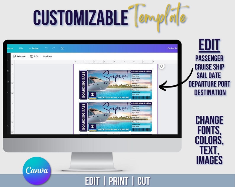 May include: A computer screen displaying a Canva design template for a cruise ship boarding pass. The template features a blue and purple color scheme with a picture of a cruise ship and the text "Surprised!" The text "You're going on a cruise" is also included. The template is customizable with options to edit the passenger name, cruise ship, sail date, departure port, and destination. The text "Edit | Print | Cut" is displayed at the bottom of the screen.