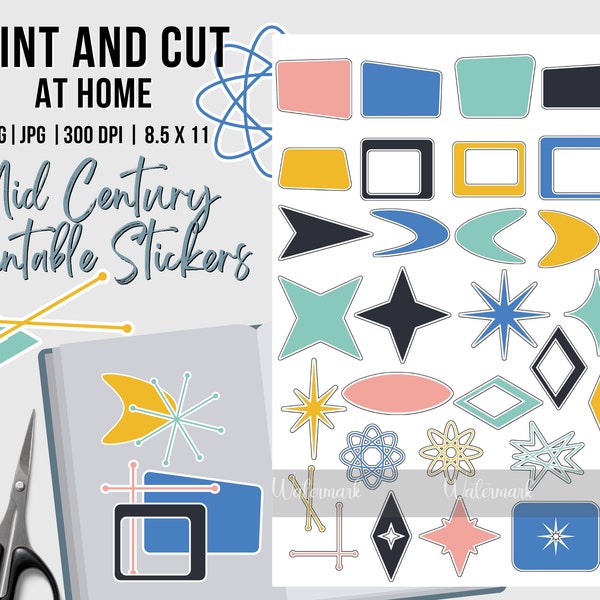 Printable Mid Century Modern Stickers for Planner & Crafts, Retro Starburst vintage sticker sheets, print and cut png stickers, cricut