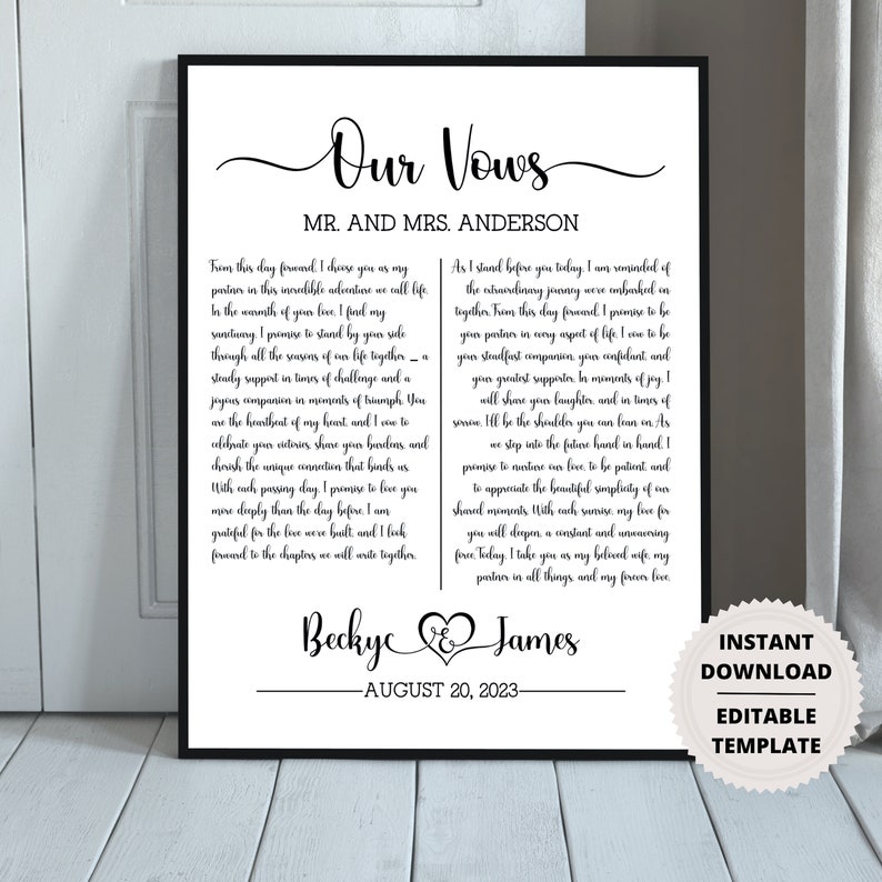 Our Vows Printable , Wedding Vows Template, 1st Anniversary Gift for ...