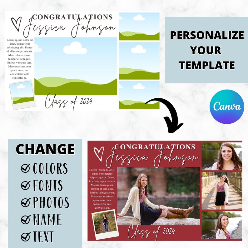 May include: A red and white graduation announcement template with a photo collage of a young woman. The template includes the text "Congratulations Jessica Johnson" and "Class of 2024".