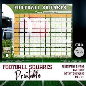 Football Squares Printable Template, Superbowl Squares Printable,  Fundraiser Template, Squares Game Football Sports betting, Football Pool