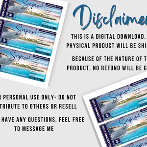 May include: Printable cruise boarding pass with the text "Surprise! You're going on a cruise!" and a blue cruise ship on a tropical background.