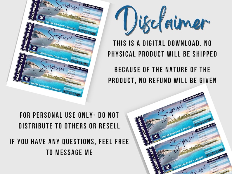 May include: Printable cruise boarding pass with the text "Surprise! You're going on a cruise!" and a blue cruise ship on a tropical background.
