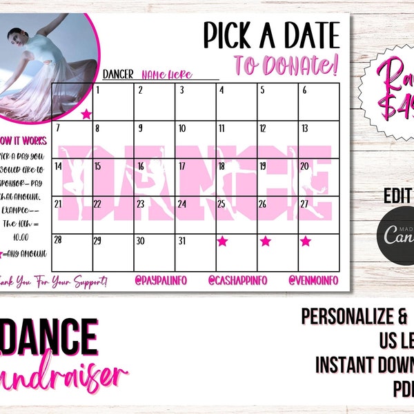 Pay for your Day Calendar Fundraiser, Pick a Date Dance Fundraiser editable Canva Template, Dance Team Fundraiser Printable Dance Fundraiser