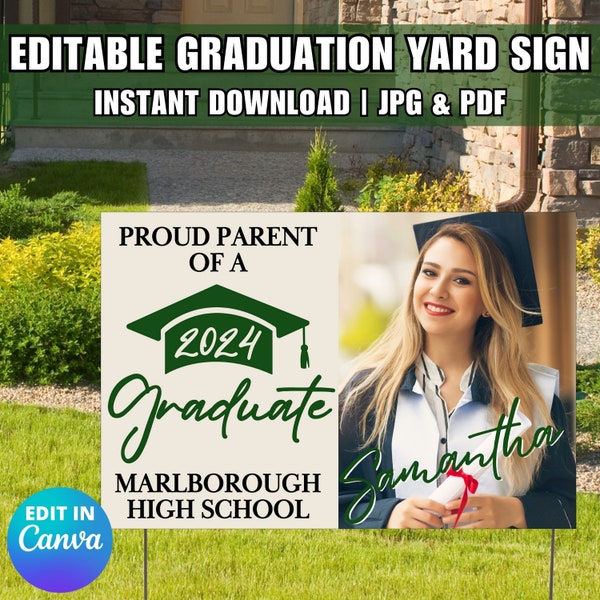 Afstuderen Yard Sign Canva Template, Klasse van 2024 grad teken, High school graduate gazon teken, College graduate aangepaste foto teken, grad teken