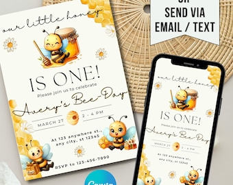 Zaproszenie na pierwsze urodziny pszczółki: Edytowalne przyjęcie Bumble Bee (do pobrania cyfrowego)