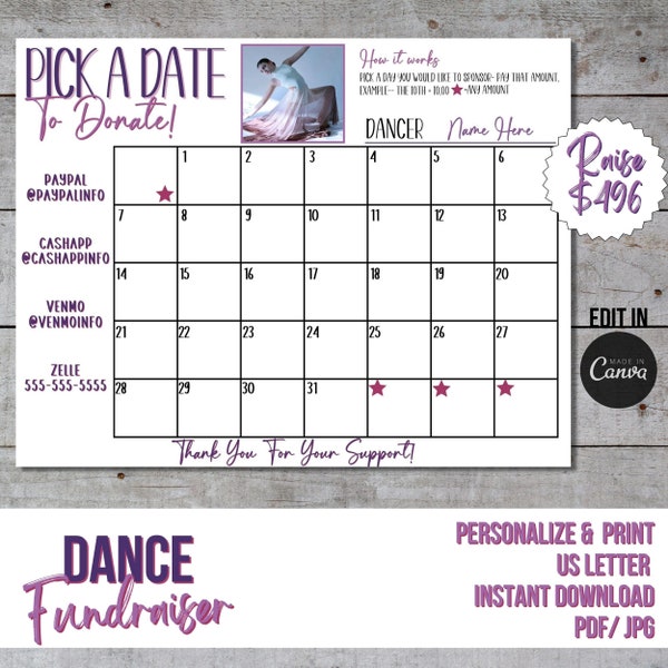 Pay for your Day Calendar Fundraiser, Pick a Date Dance Fundraiser editable Canva Template, Dance Team Fundraiser Printable Dance Fundraiser