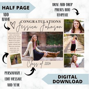 May include: A digital graduation announcement template with a peach background and a photo collage of a young woman. The text reads "Congratulations Jessica Johnson Class of 2024".