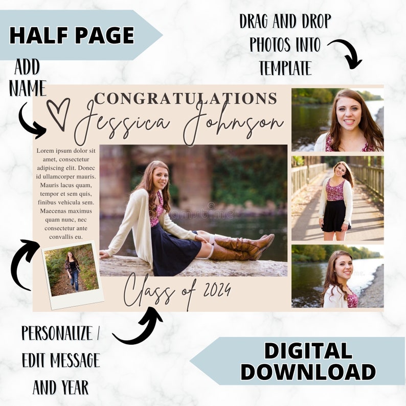 May include: A digital graduation announcement template with a peach background and a photo collage of a young woman. The text reads "Congratulations Jessica Johnson Class of 2024".